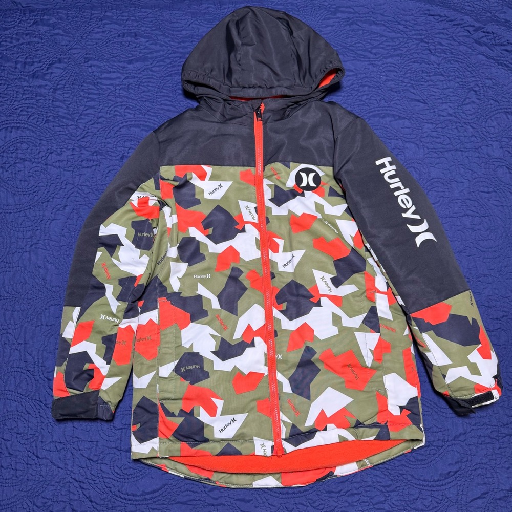 Hurley Boys Camo Puffer Jacket Orange Green Hooded Winter Coat Size M 10/12